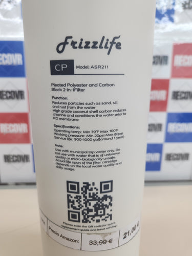 Cartucho de Filtro de Repuesto para Sistema de Ósmosis Inversa - Frizzlife ASR211 - PD600-TAM3, PD400, PD500, PD800-TAM4 (1ª etapa)